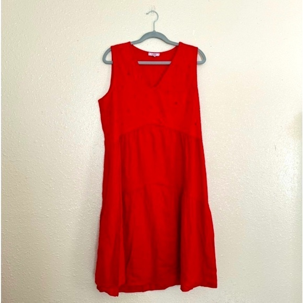 Rose Marine Red Italian 100% Linen Embroidered Midi Dress Romantic Feminine